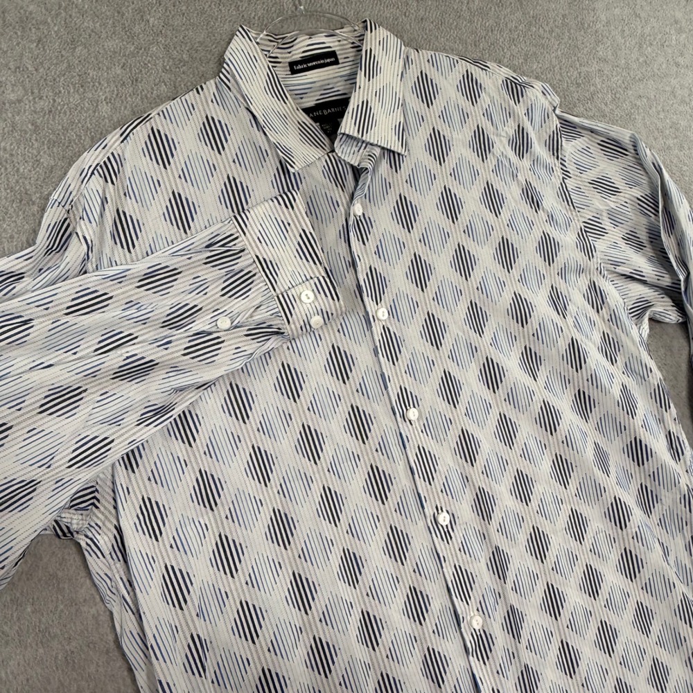 Jhane Barnes Button Down Shirt Mens XL White Blue Geometric Diamond Japan Fabric